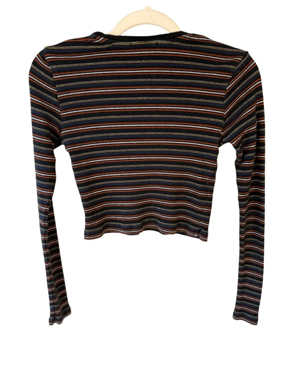 Brandy Melville Black Multi-Stripe Long Sleeve Cropped Top Size XS Y2K Stretch - Picture 2 of 10